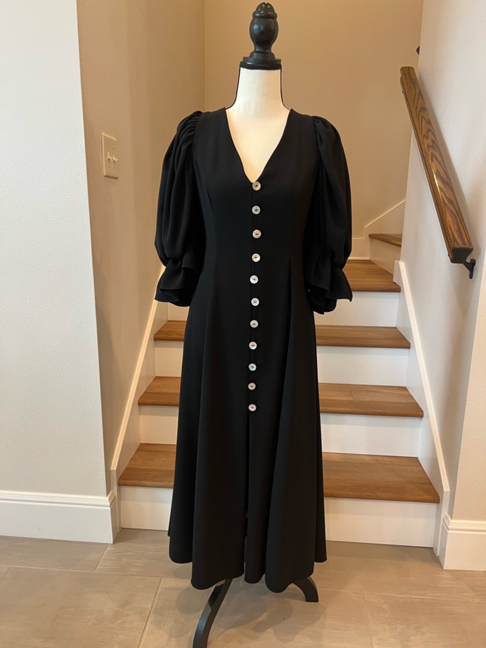 New Black Puff-Sleeve Button-Front Maxi Dress